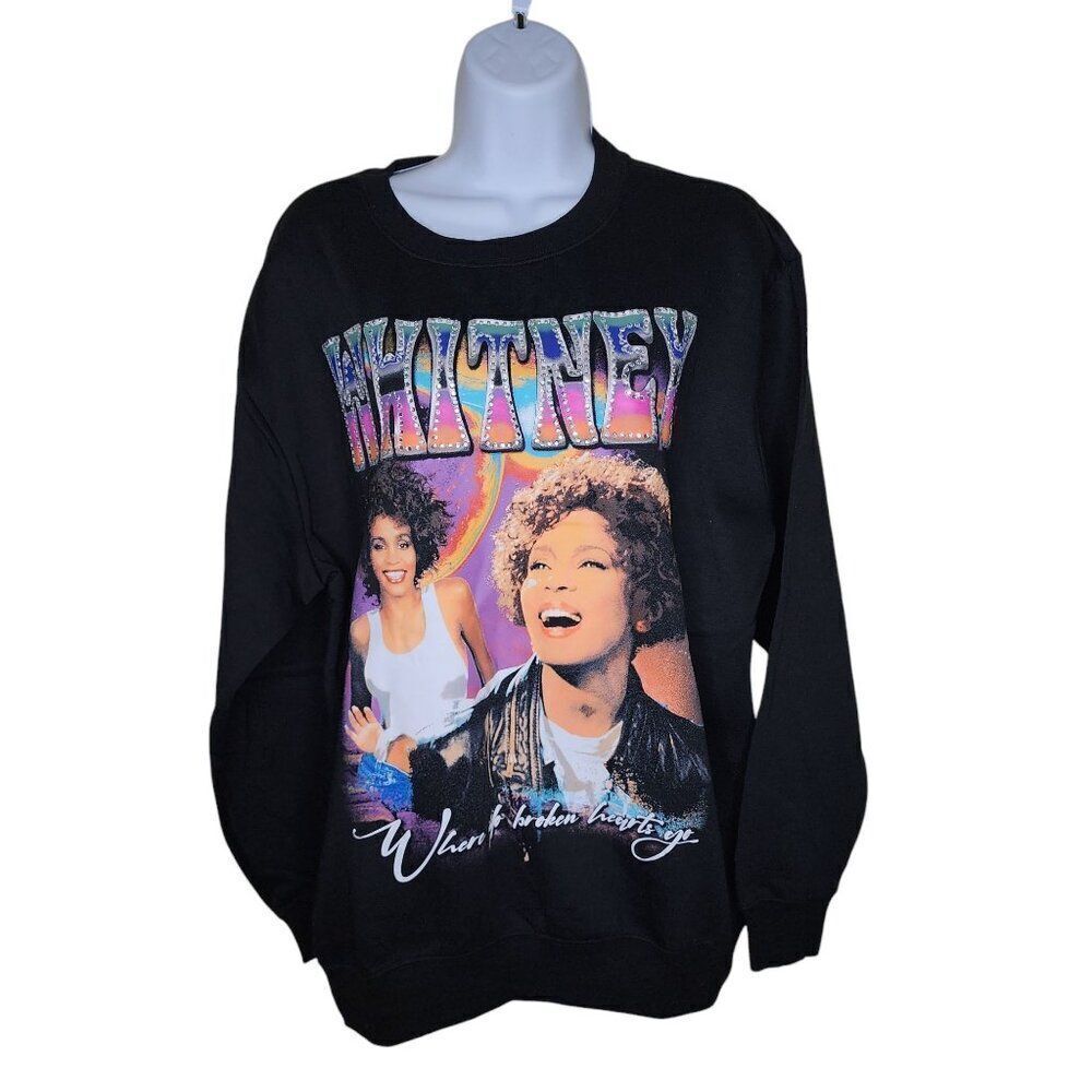 Whitney Houston Rhinestone Graphic Pullover Sweatshirt Womens Size M Black NEW